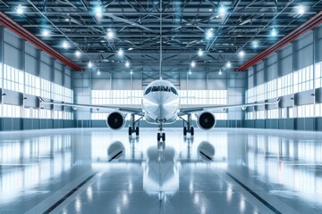 Expansive aviation hangar accommodating a large commercial passenger jet aircraft