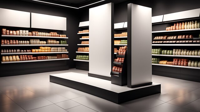  Supermarket Shelves With Blank Banners And POS Display Design. 3D rendering design. 