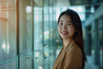 Smiling Asian Office Lady in Office Building Background