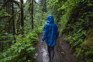 Woman in blue raincoat walking on a nature trail in the forest