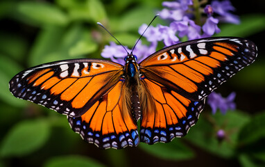 Naklejka premium Butterfly on a purple flower in the garden close-up