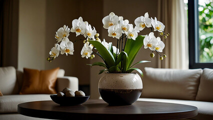 Potted white moth orchid in bloom on the table in living room