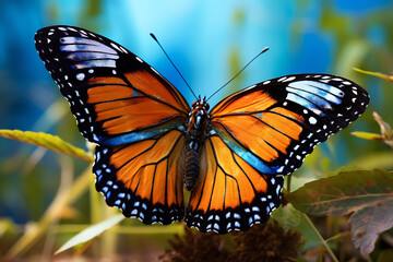 Fototapeta premium Butterfly on a purple flower in the garden close-up