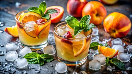 Fototapeta premium Refreshing Summer Cocktail With Orange, Peach And Strawberry Slices And Mint In A Glass On A Dark Background