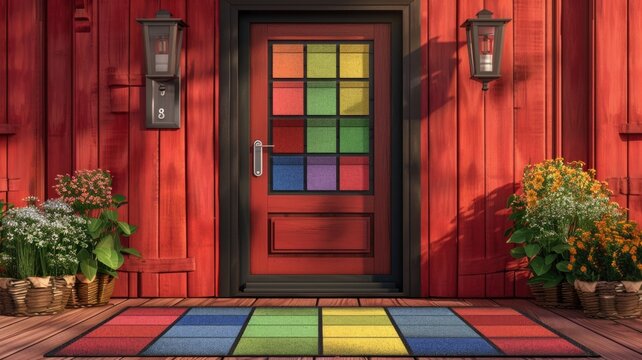 Pixel art door mat, colorful and inviting, blend of nostalgia and modern