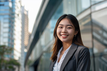 Smiling Asian Office Lady in Office Building Background