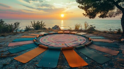 Capture a sunset beach scene with multiple yoga mats arranged in a circle, symbolizing Group Mindfulness with Soothing Ocean Waves