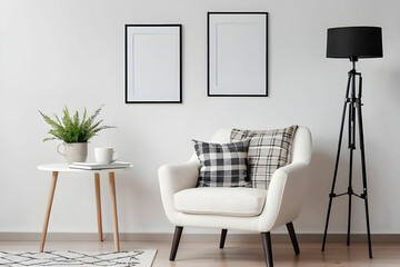 interior ofModern living room with white armchair, book and coffee cup on side table under copy space placard or poster on wall. Empty picture frame with mock up art. Soft chair, plaid, cushion a room