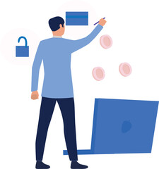 A boy is pointing at data on a laptop.