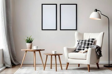 Modern living room with white armchair, book and coffee cup on side table under copy space placard or poster on wall. Empty picture frame with mock up art. Soft chair, plaid, cushion