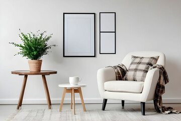 Modern living room with white armchair, book and coffee cup on side table under copy space placard or poster on wall. Empty picture frame with mock up art. Soft chair, plaid, cushion
