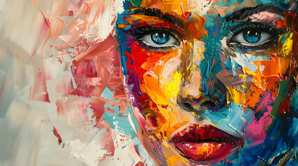 Face of a beautiful woman with multicolored Oil color painting. Generative AI.