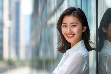 Fototapeta premium Smiling Asian Office Lady in Office Building Background