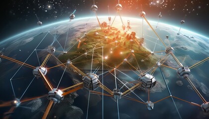 A global network of interconnected data points and glowing connections forming around the Earth, symbolizing connectivity across continents in digital technology