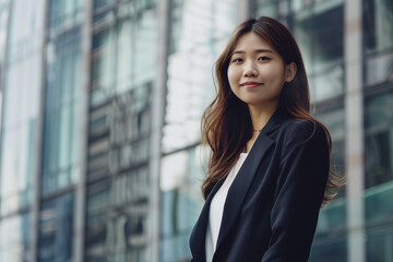 Smiling Asian Office Lady in Office Building Background
