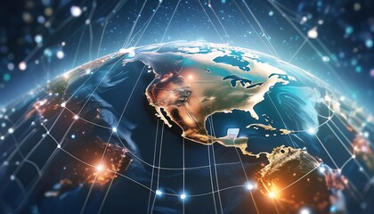 A global network of interconnected data points and glowing connections forming around the Earth, symbolizing connectivity across continents in digital technology