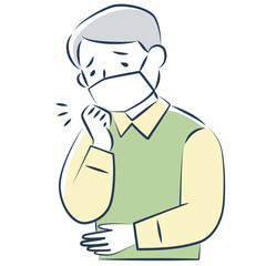 マスクをして咳をするシニア男性の上半身