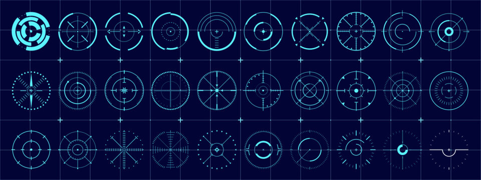 Futuristic Set of Vector Sci-Fi Target Pointers. Circle HUD elements perfectly fit for heads-up displays in games, simulations, or any digital interface requiring a clean, circular focus indicator. 