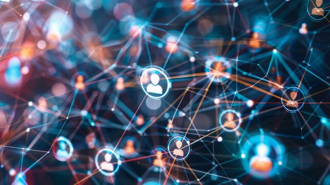 virtual meeting concept, network of circles with diverse user avatars conncted by digital lines, concept: online collaboration and communication, 16:9