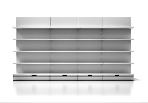  Supermarket Shelves With Blank Banners And POS Display Design. 3D rendering design. 