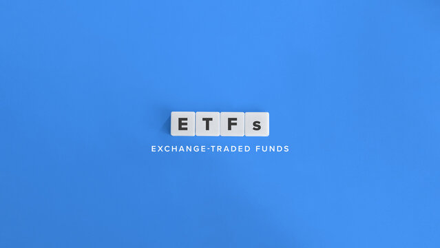 Exchange-traded Funds (ETFs) Banner. Text on Block Letter Tiles and Icon on Flat Background. Minimalist Aesthetics.