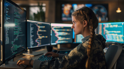 A focused programmer girl working at her computer, surrounded by multiple monitors displaying lines of code.