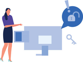 The girl is pointing to the monitor.