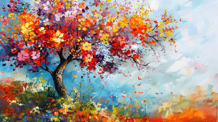 Painting of a tree with colorful flowers in the autumn season Oil color painting. Generative AI.