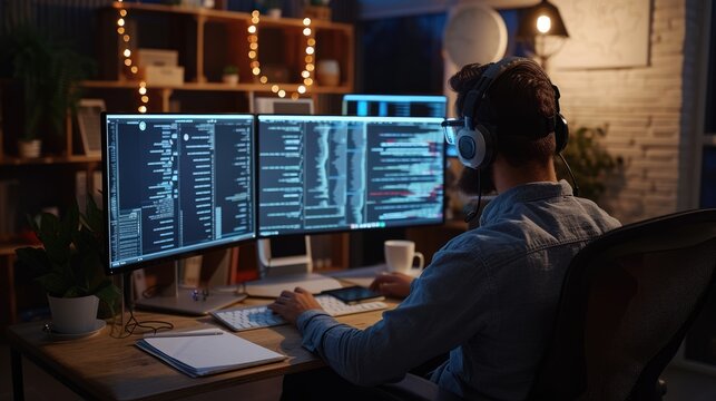 A software developer works on code late into the night, illuminated by the glow of multiple computer screens in a modern office. AIG41
