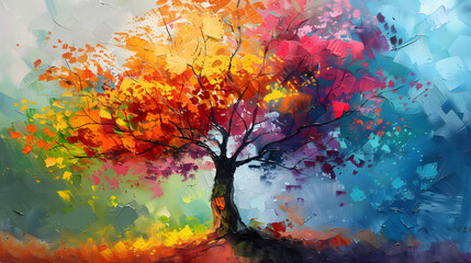 Painting of a tree with colorful Oil color painting. Generative AI.