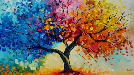 Painting of a tree with colorful Oil color painting. Generative AI.