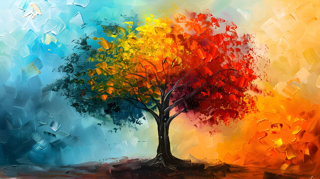 Painting of a tree with colorful Oil color painting. Generative AI.