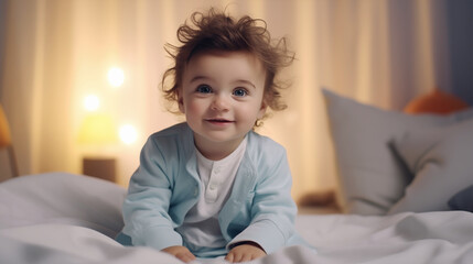 Adorable Baby with Curly Hair Sitting in Cozy Room
