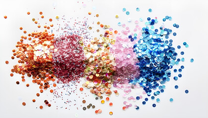 Set of different shiny sequins on white background, top view