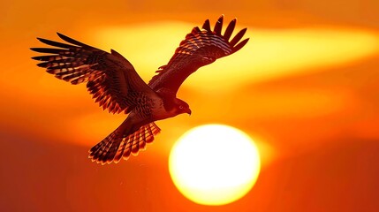 Obraz premium flying falcon against the backdrop of the setting sun