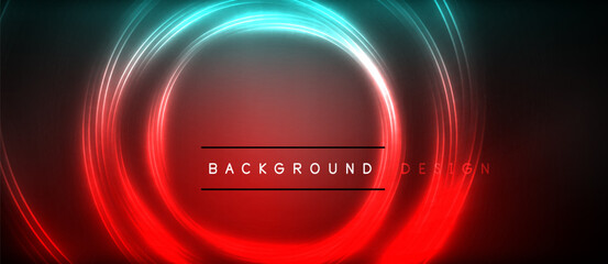 Neon glowing circle rays, light round lines in the dark, planet style neon wave lines. Energetic electric concept design for wallpaper, banner, background