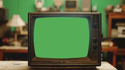 Vintage television with a green screen in a retro living room setting, mockups and design projects with a nostalgic touch