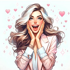 喜びを表現する女性が描かれています。彼女はピンクのジャケットを着て、手を頬に当て、驚きと喜びの表情を浮かべています。背景にはハートと星のイラストが散りばめられており、全体的に明るくポップな雰囲気です。タッチはアメリカンコミック風で、鮮やかな色使いと強い線が特徴です。