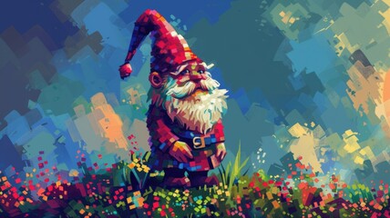 Pixel art garden gnome, quirky and colorful, nostalgic and contemporary