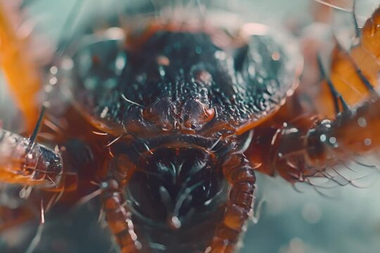 Insect monster bites, encephalitis tick macro dust mite, horrible microscopic bug, skin parasite closeup, generative ai illustration