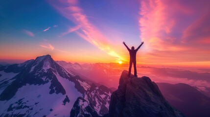 Person standing triumphantly on the summit of a snow-capped mountain at sunrise, arms raised in victory, with a panoramic view and a vibrant sky, bucket list lifestyle concept