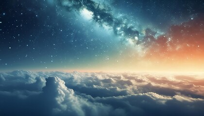 Celestial theme, view above the clouds, the Milky Way stretching across the sky, sunset hues blending into twilight, serene and awe-inspiring atmosphere, vibrant and contrasting color scheme. 