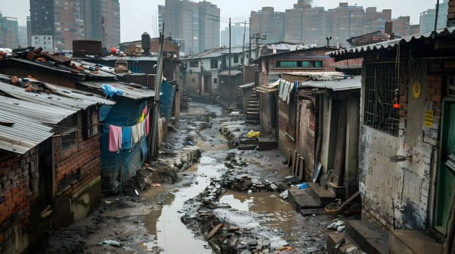 Overcrowded Makeshift Dwellings in an Impoverished Urban Slum Landscape Revealing Socioeconomic Disparities