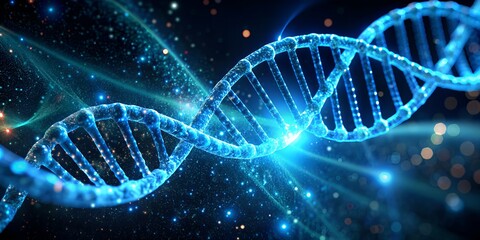 The image is a glowing blue double helix on a dark blue background. it is surrounded by tiny, glowing blue particles. the image is of a dna strand.