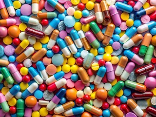 A Variety Of Colorful Pills And Capsules Of Different Shapes And Sizes Are Scattered Across The Entire Frame.