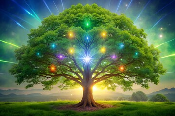 Mystical Tree Of Life With Glowing Leaves And Roots.
