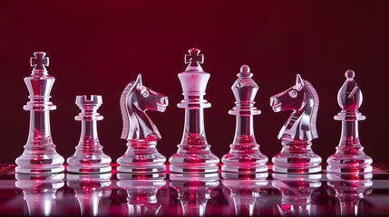 Glass chess pieces is standing on board maroon background