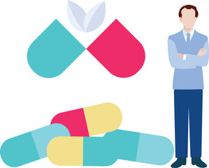 A boy is standing next to the capsules.