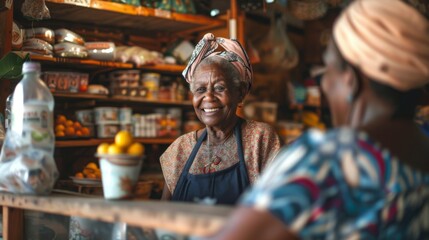 Obraz premium An elderly woman working at a small store smiles at a customer