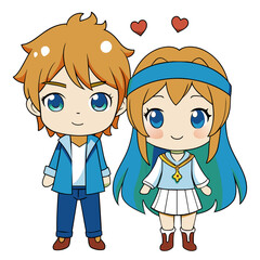 cute anime couple in a chibi style, showcasing their love. The boy has messy red hair and is wearing a blue jacket, while the girl has long orange hair tied with a headband 